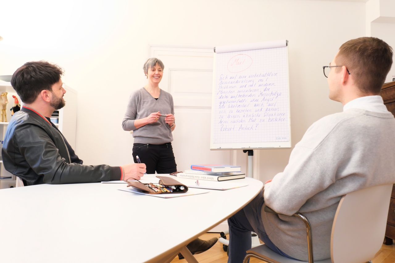Ermutigung ist wichtig für die Weiterentwicklung der Mitarbeitenden Runde diskutiert am Tisch, vorne steht Regula Hagenhoff vor einer Wandtafel